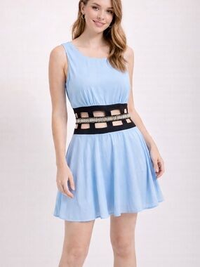 English Rose Blue Cutout Waist Skater Mini Dress Sleeveless Fit Flare Size S NWT